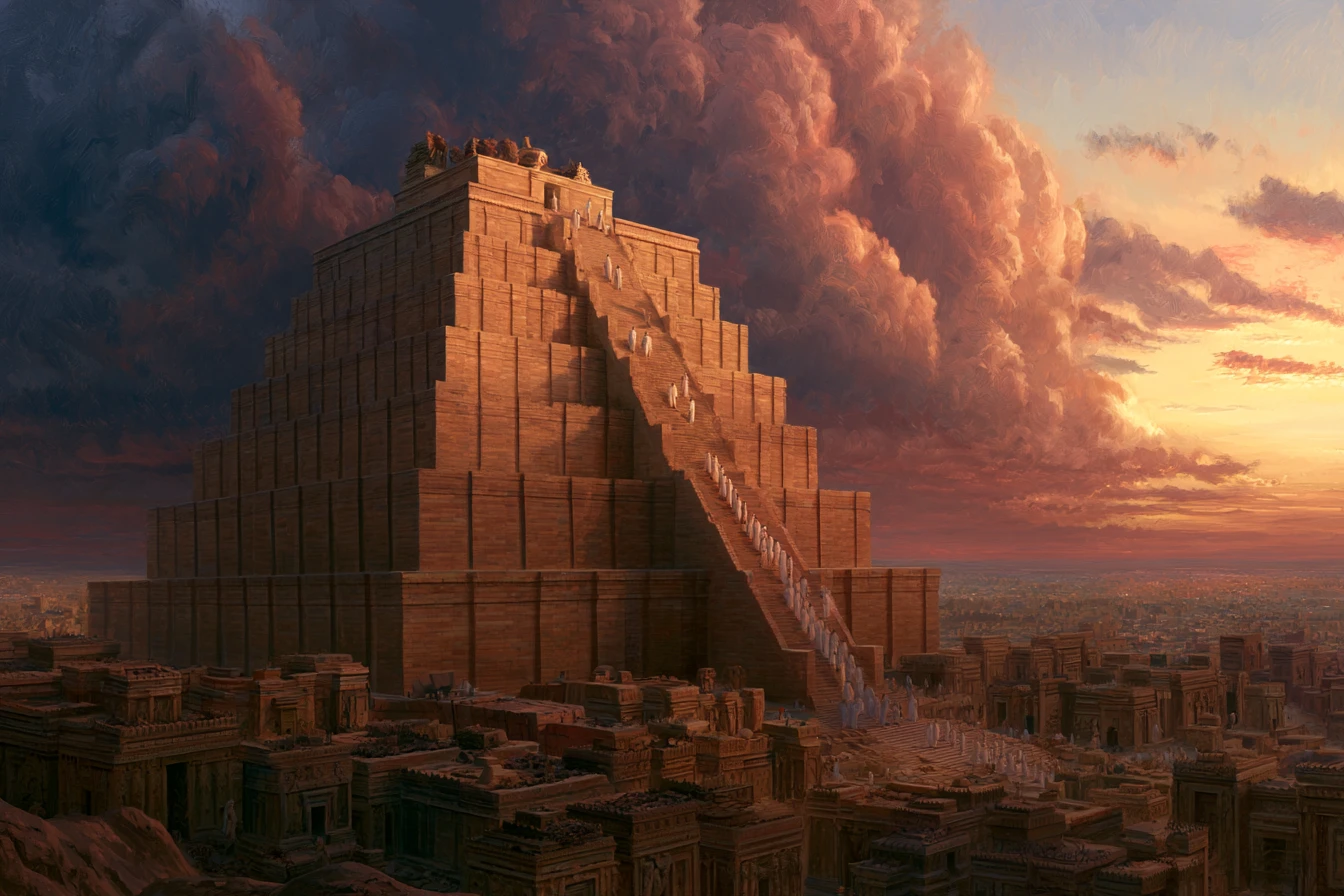 A Mesopotamian ziggurat at dusk